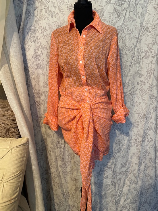 Free People Tops - Free People Orange Printed Long-Sleeve Tie-Front Shirt Dress